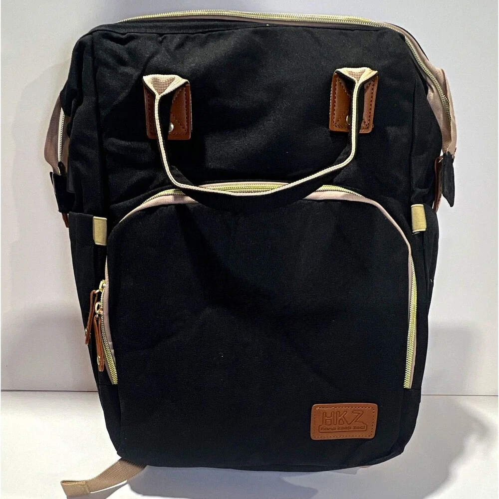 HKZ Solid Black/Beige Diaper Bag Backpack w/ Changing Pad, Inner/Outer Pockets